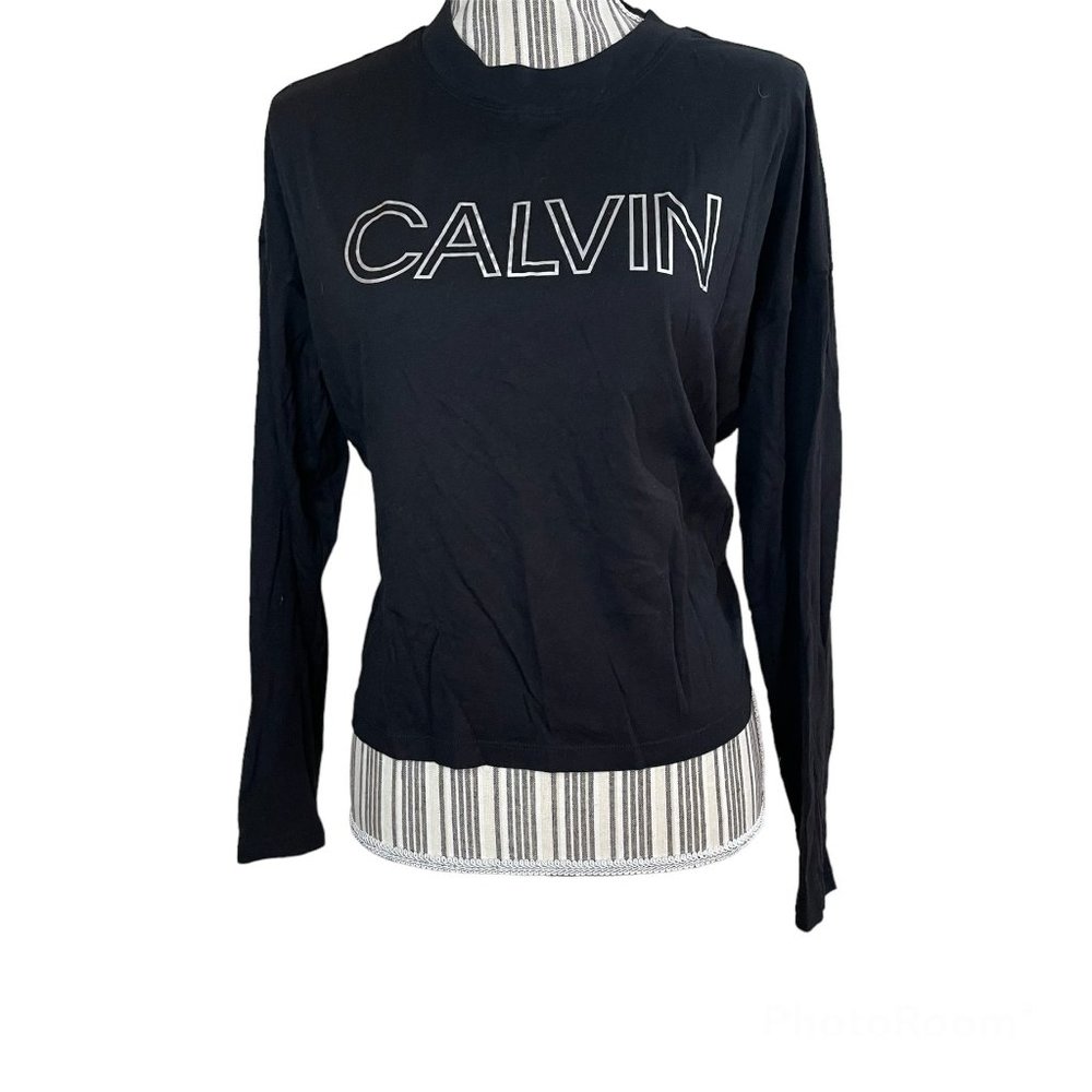 Calvin Klein Performance Front Logo Black Long Sleeve Top Women Size L